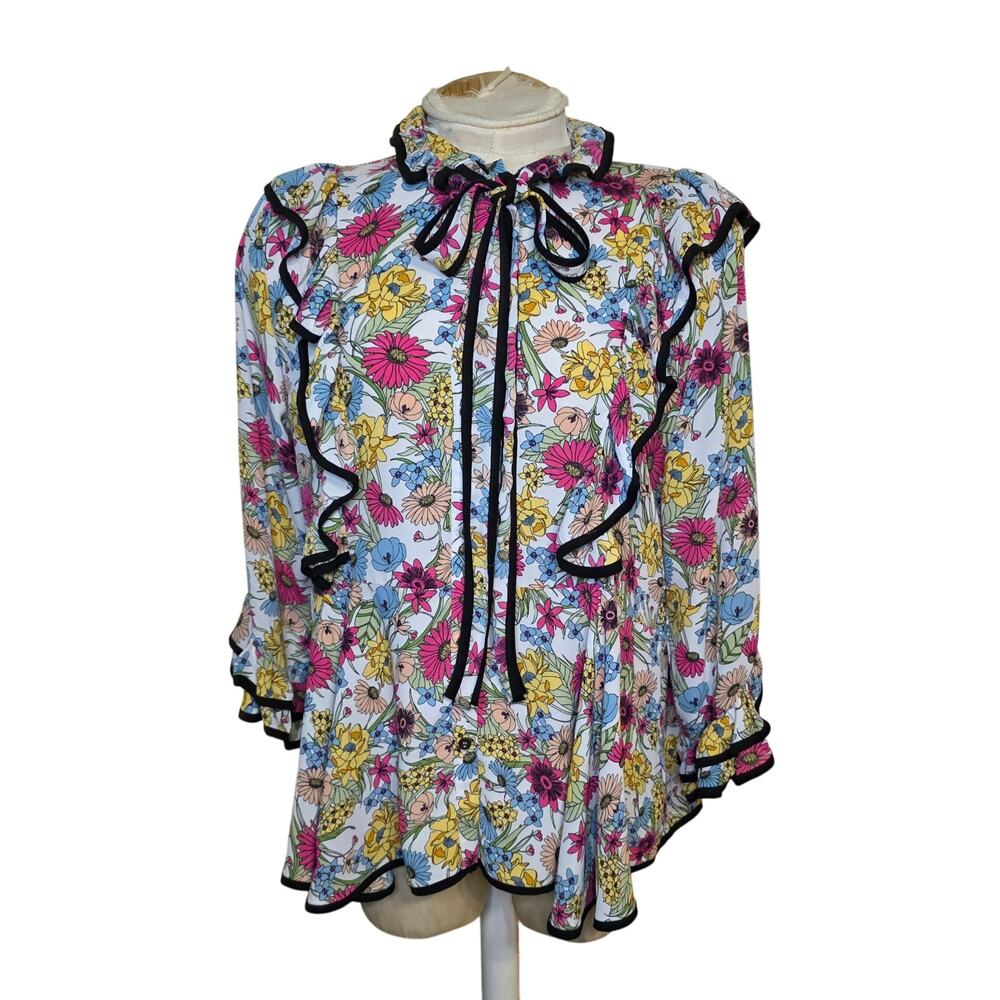 Ups&Downs Size L High Neck Floral Blue Pink Yellow Black Ruffle Top Blouse Women